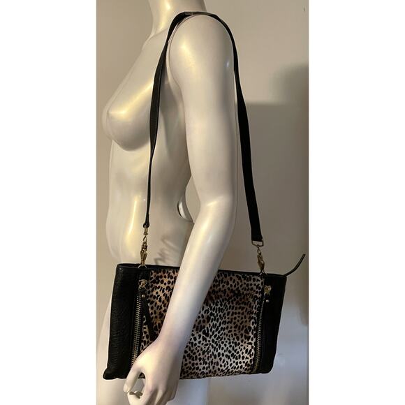 Vince Camuto Black Leather Brown Pony Hair Baily Handbag Clutch Purse NEW NWOT - Picture 2 of 13